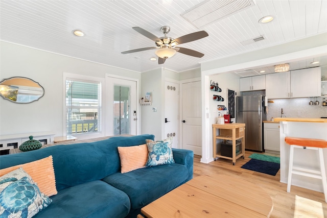 1010 Fort Velasco Dr, Surfside Beach, TX 77541 - living area featuring wood ceiling, light wood-style flooring, recessed lighting, and ceiling fan