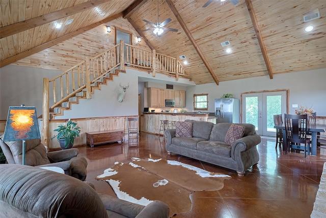 16325 Senkel Rd, East Bernard, TX 77435 - living room featuring wood ceiling, stairs, high vaulted ceiling, ceiling fan, and beamed ceiling