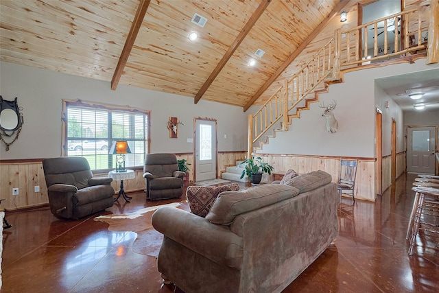 16325 Senkel Rd, East Bernard, TX 77435 - living area featuring stairway, wainscoting, wood ceiling, high vaulted ceiling, and wood walls