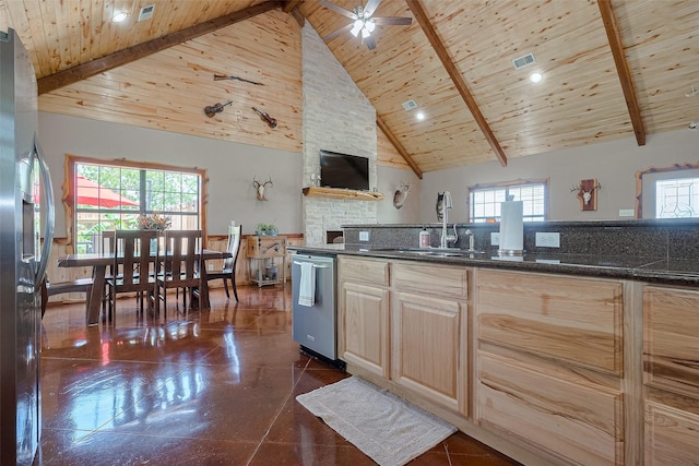 16325 Senkel Rd, East Bernard, TX 77435 - kitchen with appliances with stainless steel finishes, a sink, light brown cabinetry, high vaulted ceiling, and wood ceiling