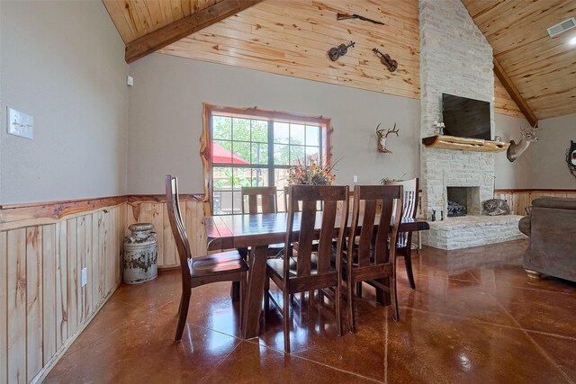 16325 Senkel Rd, East Bernard, TX 77435 - dining room featuring wooden ceiling, a wainscoted wall, a stone fireplace, wooden walls, and high vaulted ceiling