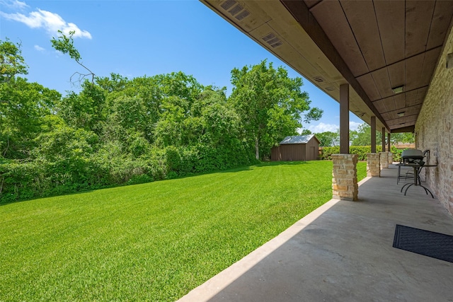 16325 Senkel Rd, East Bernard, TX 77435 - view of green lawn with a patio area, an outbuilding, and a shed