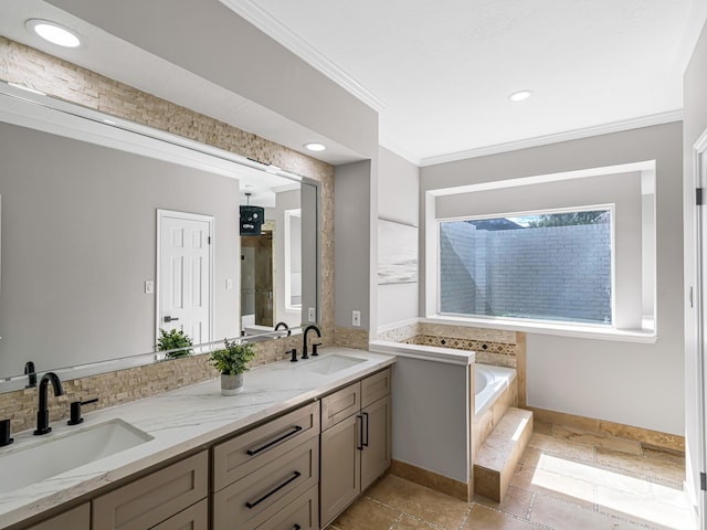 20647 Laurel Lock Dr, Katy, TX 77450 - bathroom with ornamental molding, a bath, double vanity, and recessed lighting