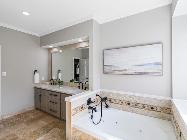 20647 Laurel Lock Dr, Katy, TX 77450 - full bathroom featuring crown molding, double vanity, a jetted tub, recessed lighting, and stone tile floors