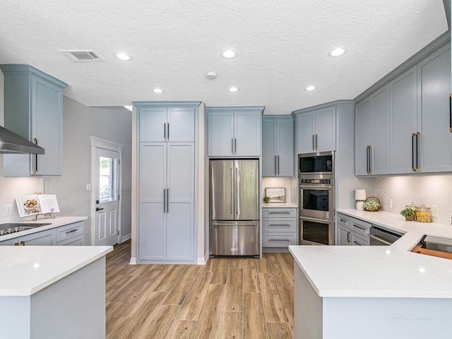 20647 Laurel Lock Dr, Katy, TX 77450 - kitchen with stainless steel appliances, light wood-type flooring, recessed lighting, light countertops, and a peninsula