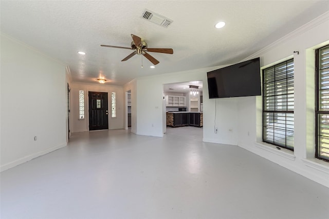 15329 Cedar St, Santa Fe, TX 77517 - unfurnished living room featuring ornamental molding, a ceiling fan, recessed lighting, concrete flooring, and baseboards
