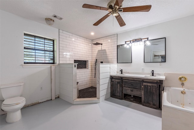 15329 Cedar St, Santa Fe, TX 77517 - full bathroom with a textured ceiling, a jetted tub, walk in shower, toilet, and ceiling fan