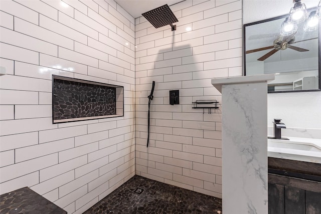 15329 Cedar St, Santa Fe, TX 77517 - full bathroom featuring a tile shower, a sink, and ceiling fan
