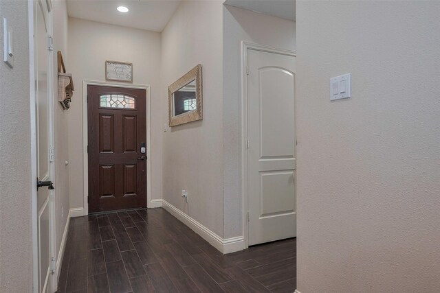 3207 Pheasant Trail Dr, Sugar Land, TX 77498 - entryway with baseboards, dark wood-style flooring, and recessed lighting