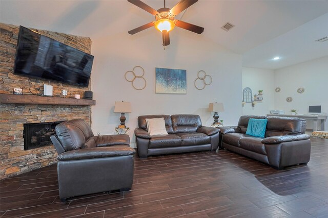3207 Pheasant Trail Dr, Sugar Land, TX 77498 - living room with wood finished floors, a ceiling fan, a fireplace, and high vaulted ceiling