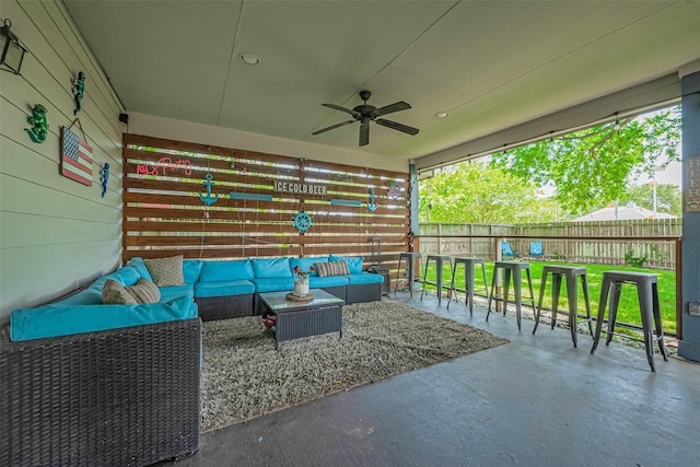 3207 Pheasant Trail Dr, Sugar Land, TX 77498 - view of patio with outdoor lounge area, a fenced backyard, and a ceiling fan