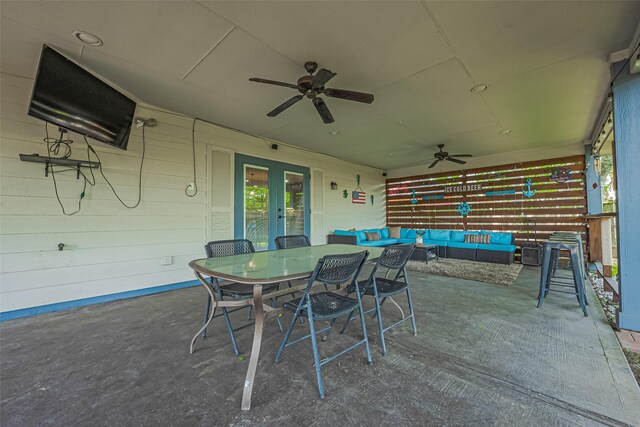 3207 Pheasant Trail Dr, Sugar Land, TX 77498 - view of patio featuring french doors, outdoor lounge area, ceiling fan, and outdoor dining area