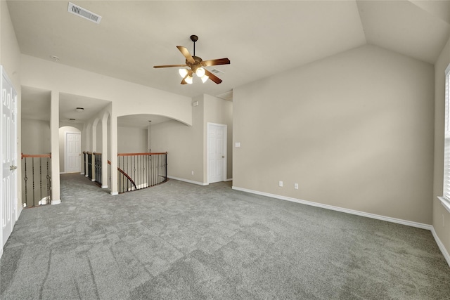 2108 Asbury Ct, Pearland, TX 77581 - carpeted spare room with a ceiling fan, arched walkways, baseboards, and lofted ceiling