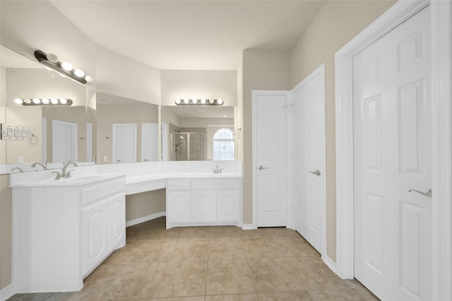 2108 Asbury Ct, Pearland, TX 77581 - full bath with a shower stall, tile patterned floors, vanity, and baseboards