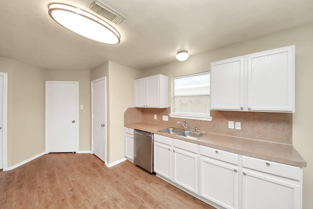 5043 Canyon Blanco Dr, Houston, TX 77045 - kitchen with dishwasher, a sink, white cabinets, light wood-style floors, and light countertops