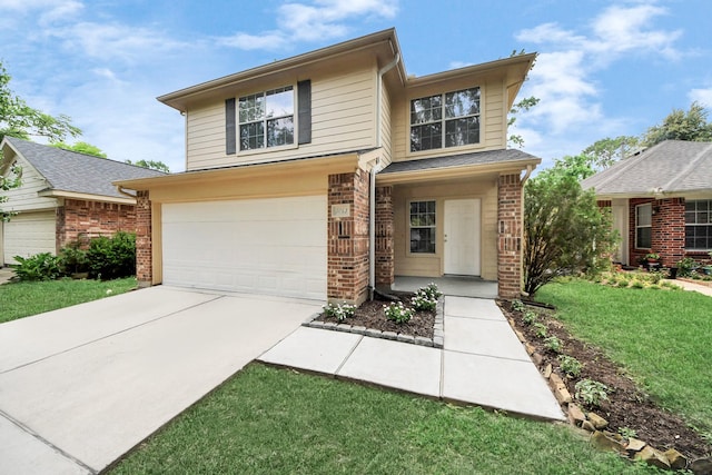 5043 Canyon Blanco Dr, Houston, TX 77045 - view of front of home featuring driveway, an attached garage, brick siding, and a front lawn