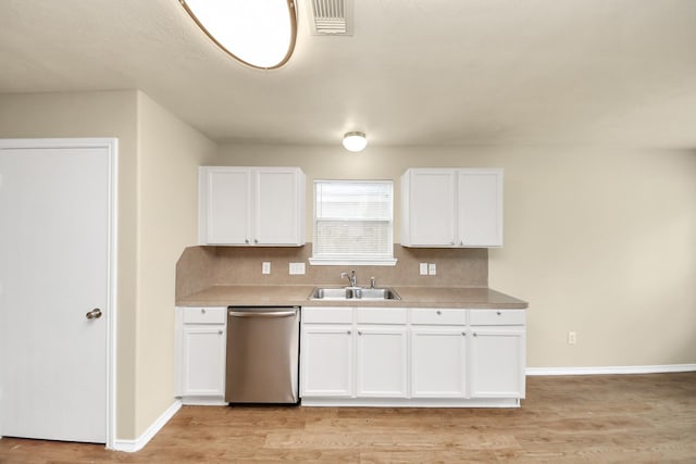5043 Canyon Blanco Dr, Houston, TX 77045 - kitchen featuring dishwasher, a sink, decorative backsplash, and white cabinetry