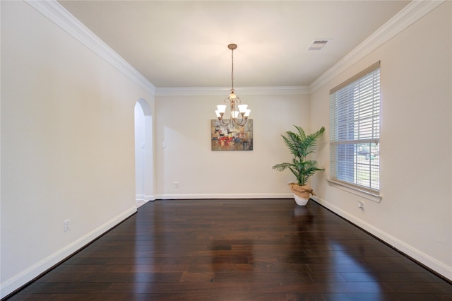 28015 Heritage Stream Dr, Katy, TX 77494 - empty room with crown molding, hardwood / wood-style flooring, arched walkways, a chandelier, and baseboards