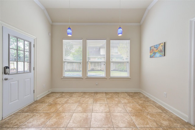 28015 Heritage Stream Dr, Katy, TX 77494 - unfurnished dining area with crown molding, baseboards, and light tile patterned flooring
