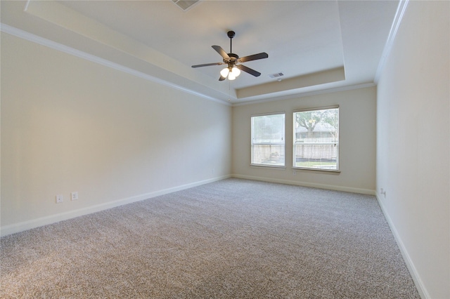28015 Heritage Stream Dr, Katy, TX 77494 - unfurnished room with a raised ceiling, light carpet, a ceiling fan, ornamental molding, and baseboards