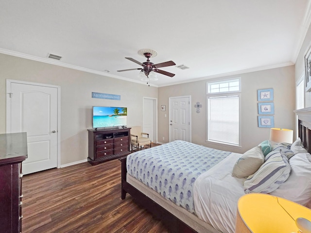 936 Surf Rd, Crystal Beach, TX 77650 - bedroom featuring dark wood finished floors, crown molding, baseboards, and a ceiling fan