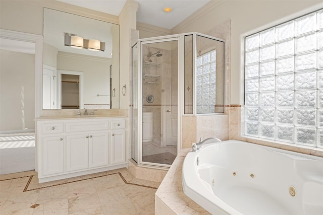 full bath with a shower stall, a tub with jets, vanity, and ornamental molding