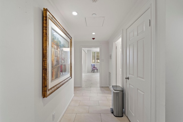 651 Bering Dr Unit 1406, Houston, TX 77057 - hallway featuring light tile patterned flooring, attic access, baseboards, and recessed lighting