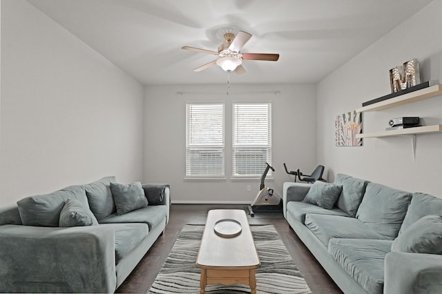 23522 Messina Harbor Dr, Katy, TX 77493 - living area featuring ceiling fan, dark wood finished floors, and baseboards