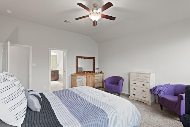 23522 Messina Harbor Dr, Katy, TX 77493 - bedroom featuring light colored carpet, lofted ceiling, ensuite bath, and a ceiling fan