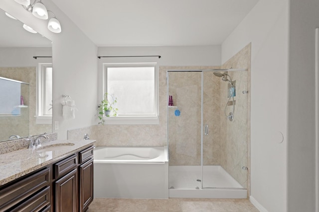 23522 Messina Harbor Dr, Katy, TX 77493 - bathroom featuring a shower stall, a bath, vanity, and tile patterned flooring