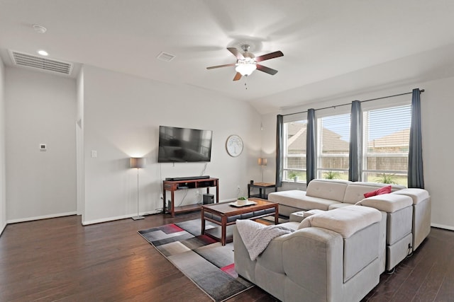 23522 Messina Harbor Dr, Katy, TX 77493 - living area with a ceiling fan, dark wood-style flooring, baseboards, and lofted ceiling