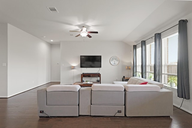23522 Messina Harbor Dr, Katy, TX 77493 - living room with ceiling fan, plenty of natural light, dark wood-style flooring, and baseboards