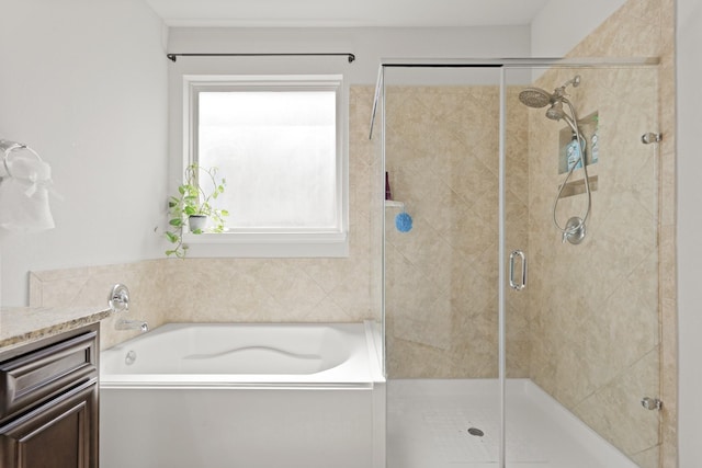 23522 Messina Harbor Dr, Katy, TX 77493 - full bathroom with a stall shower, a bath, and vanity