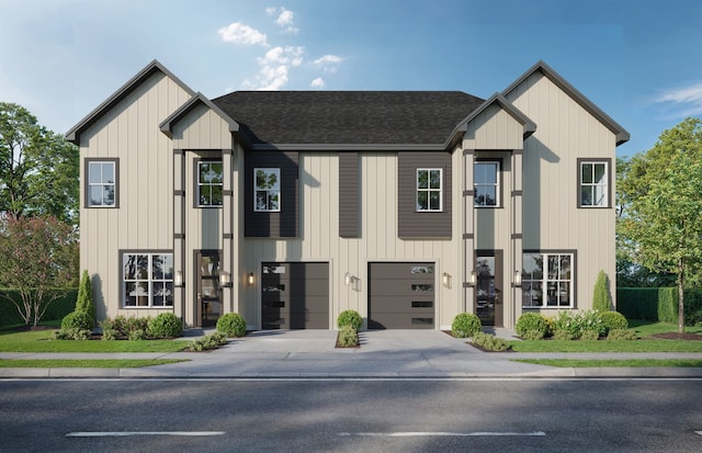 5420 Lynnfield St A/B, Unit A/B Houston, TX 77028 - modern farmhouse style home with driveway, roof with shingles, a garage, and board and batten siding