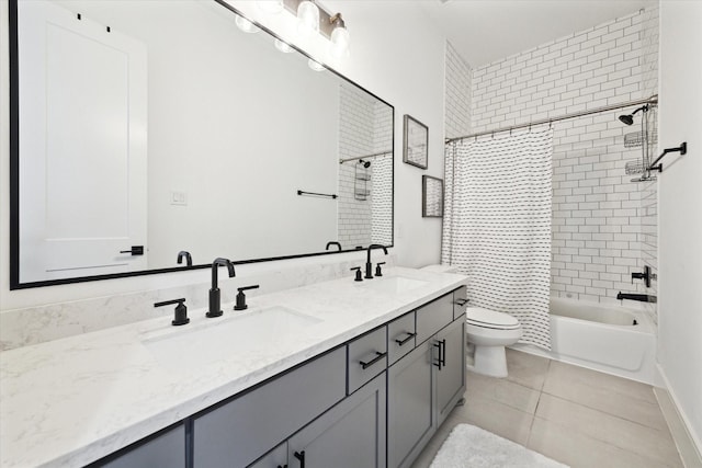 bathroom with toilet, tile patterned flooring, double vanity, and shower / bathtub combination with curtain
