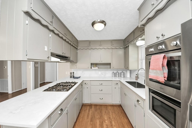 1815 Tannehill Dr, Houston, TX 77008 - kitchen featuring a sink, under cabinet range hood, stainless steel appliances, light wood-style floors, and light countertops