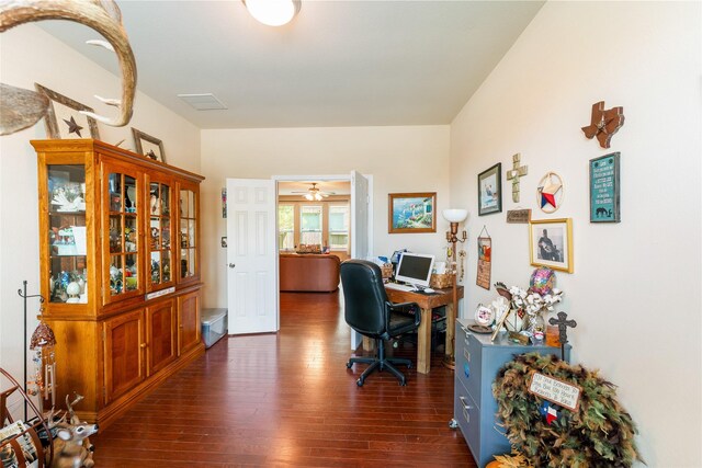 9967 Manor Spring Ln, Brookshire, TX 77423 - office area with dark wood finished floors and ceiling fan