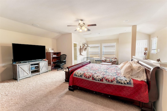 9967 Manor Spring Ln, Brookshire, TX 77423 - bedroom with vaulted ceiling, carpet flooring, multiple windows, and a ceiling fan