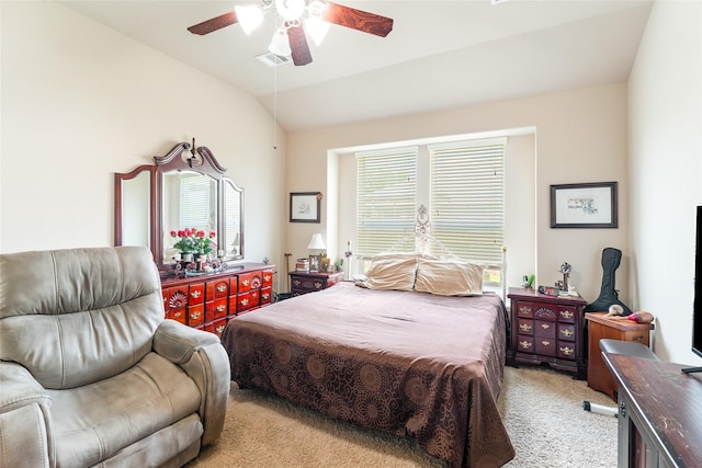 9967 Manor Spring Ln, Brookshire, TX 77423 - bedroom with light carpet, vaulted ceiling, and ceiling fan