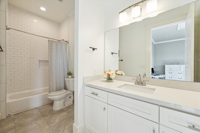 1004 Enid St Unit B, Houston, TX 77009 - full bath featuring toilet, vanity, ornamental molding, shower / tub combo with curtain, and tile patterned flooring