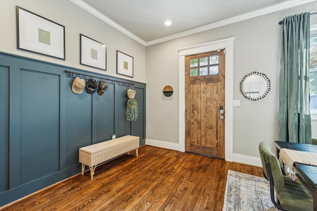 1004 Enid St Unit B, Houston, TX 77009 - entryway with crown molding, dark wood-style floors, wainscoting, a decorative wall, and baseboards