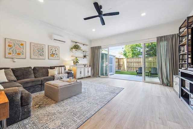 1004 Enid St Unit B, Houston, TX 77009 - living room featuring a wall mounted AC, wood finished floors, a ceiling fan, and recessed lighting