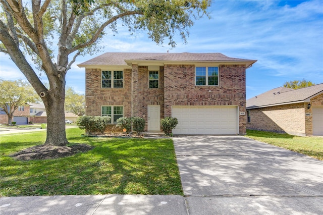 1414 Stevens Ct, Rosenberg, TX 77471 - traditional home featuring concrete driveway, a garage, a front lawn, and brick siding