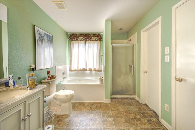 1414 Stevens Ct, Rosenberg, TX 77471 - bathroom featuring a stall shower, a bath, vanity, and toilet
