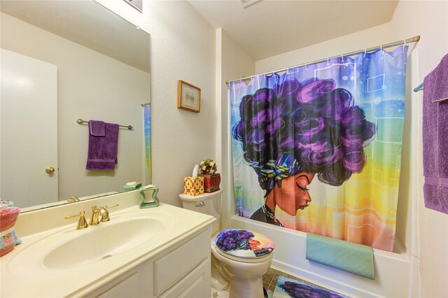 1414 Stevens Ct, Rosenberg, TX 77471 - full bathroom featuring shower / bathtub combination with curtain, vanity, toilet, and tile patterned floors