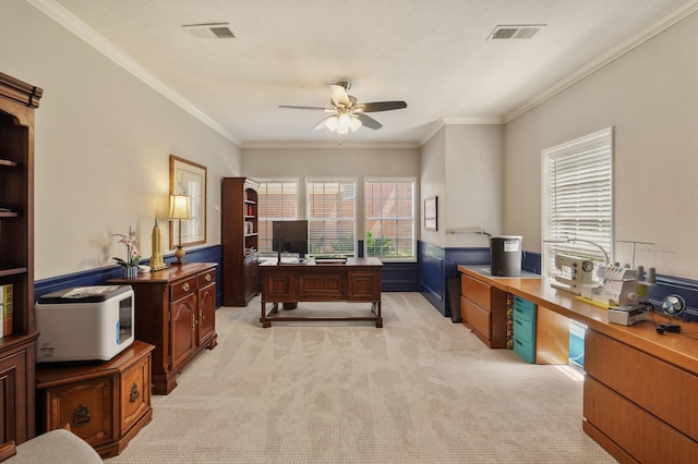 3303 Quiet Lake Dr, Katy, TX 77450 - office area with a ceiling fan, light carpet, and ornamental molding