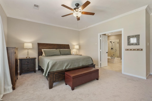 3303 Quiet Lake Dr, Katy, TX 77450 - bedroom featuring baseboards, light carpet, ornamental molding, and a ceiling fan