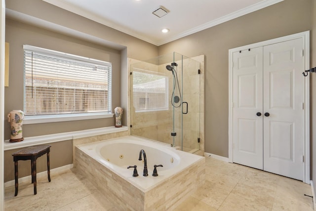 3303 Quiet Lake Dr, Katy, TX 77450 - bathroom featuring a stall shower, a whirlpool tub, ornamental molding, tile patterned floors, and baseboards