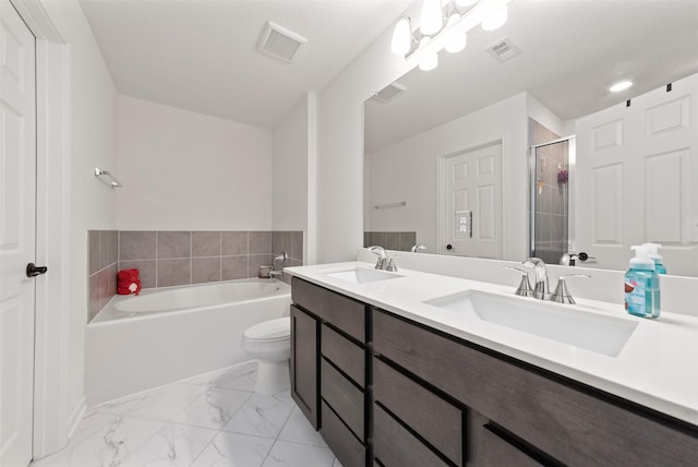 2897 Shimmer Edge Dr, Katy, TX 77493 - bathroom with a garden tub, a stall shower, double vanity, toilet, and marble look tile flooring