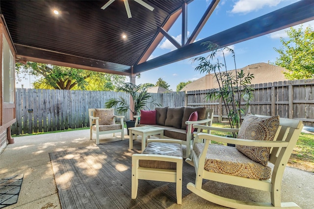 16222 Indian Cypress Dr, Cypress, TX 77429 - view of patio / terrace featuring an outdoor living space, a fenced backyard, and a ceiling fan